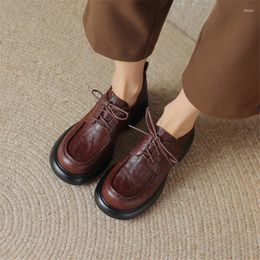 Dress Shoes Genuine Leather Loafers Spring/Autumn Round Toe Chunky Heel Women Pumps Lace Platform For Ladies High