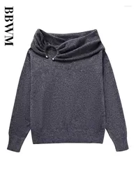 Women's Sweaters Gray Vintage Folds Knitted Sweater For Lady Elegant Slash Neck Pullover Chic Unique Neckline Design Long Sleeve