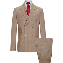 Men's Suits Blazers Plus Size Plaid Mens 2 Piece Slim Fit Double Breasted Blazer and Pants Set Wedding Party Dress Tuxedo Groomsman Suit 231116