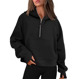 Autumn Winter Yoga Suit Scuba Hoodie Half Zip Womens Sports Sweater Loose Gym Jacket Fitness Short Plush Coat Sweatshirt 1lululemen-05 6623ESS