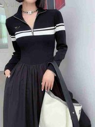 Basic & Casual Dresses designer Triangle black and white striped contrasting standing neck knitted dress for women, slim fit, oversized hem, long skirt ZIZL