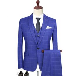 Men's Suits Blazers Blazers Male High End Custom British Plaid Wedding Dress Groom Large Size Suit 3 Piece Set Suit Pants Vest Jacket Trousers S-5XL 231116