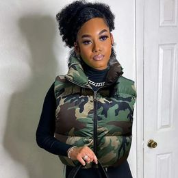 Women s Vests Camouflage Puffer Jackets Vest Women Sleeveless Camo Bubble Coats Parkas Down Drawstring High Waist Cotton Crop 231116