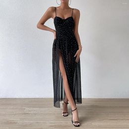 Casual Dresses Sexy Celebrity Polka Dot Long Dress Bodycon Pleated High Slit Club Party Women Evening Black Slim Fit Spaghetti