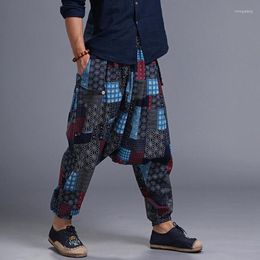 Men's Pants 2023 Spring Summer Printed Linen Cotton Vintage Cross-pants Men Soft Loose Hip Hop Joggers Elastic Waist