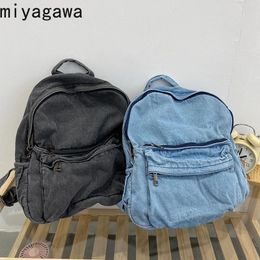 School Bags Miyagawa Vintage Schoolbag Female INS Fashion Simple Versatile Retro Wash Denim Printed Backpack Backpacks 231116