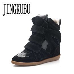 JINGKUBU 2020 Fashion Genuine Leather Height Increasing Casual Shoes Women's Hidden Wedges Sneakers Hook Loop Trainers High Top