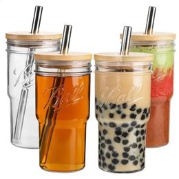 Mugs 4pcs 700ml Glass Straw Bamboo Lid Cold Drink Cup Transparent Tea Drinkware Retro Mug Home Party Bar Cocktail Whiskey 231116