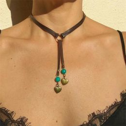 Pendant Necklaces Boho Necklace Vintage Brown Velvet Choker Double Hearts And Green Beads Jewellery Gifts For Women Mom