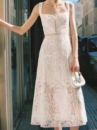 Casual Dresses 2023 Spring And Summer Women White Lace Sexy Off-the-shoulder Slim Waist Temperament Suspender Dress