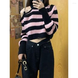 Women's Sweaters Deeptown Y2k Harajuku Pink Striped Sweater Women Kpop Off Shoulder Knitted Jumper Aesthetic Cropped Female Knitwear Korean