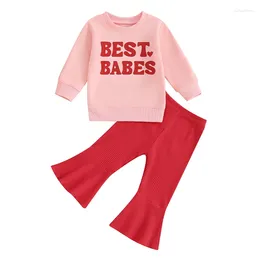 Clothing Sets Toddler Baby Girl Valentines Day Outfit Long Sleeve Sweet Sweatshirt Full Of Red Heart Print Flared Pants Set