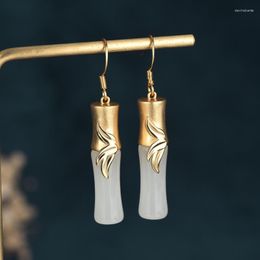 Baumeln Ohrringe Chinesischen Stil Ohr Schmuck Kupfer Vergoldet Abschnitt Hohe Bambus Jade Kostüm Hanfu Zubehör Frauen Drop
