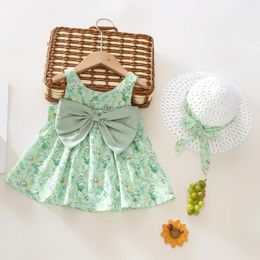 Girl Dresses Fragmented Flower Children's Dress Big Bow Strap Korean Sweet Pleated Picnic