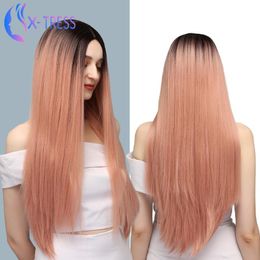 Synthetic Wigs Highlight Pink Long Straight Wig Lolita 28inch For Women Cosplay Heat Resistant Fiber X-TRESS