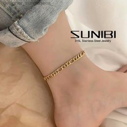 Anklets SUNIBI Vintage Simple Stainless Steel Chain Anklet for Women Girls Hip Hop Rper Gold Colour Beach Ankle Cuban Chains JewelryL231116