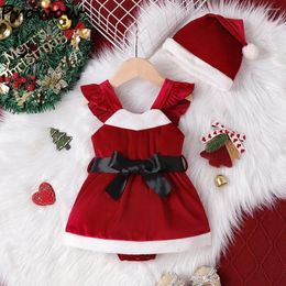 Rompers Prowow My First Christmas Girls Bodysuit With Hat Red Velvet Plush Romper Dress Year Costume For Borns Clothes
