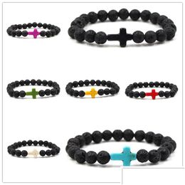 Charm Bracelets Natural Black Lava Stone Turquoise Cross Charm Bracelet Vaolcano Aromatherapy Essential Oil Diffuser For Women Yoga Dr Dhfsh