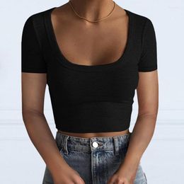 Women's T Shirts Ribbed Knitted Tops Female Basic Tees Scoop Collar Crop T-shirts Women Sexy Bodycon Short Sleeve Summer Skinny G1024