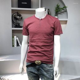 Men's T Shirts Summer Disc Buckle Round Neck Slit Embroidery Plain Simple Slim Cotton And Linen Thin Casual Clothing
