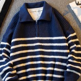 Men's Sweaters Winter Retro Half-zip Striped Pullover Sweater Couple Loose Casual Personalised High Street Jackets Male Clothes