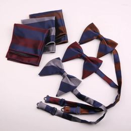 Bow Ties 2pcs 23cm Handkerchief Pocket Square Necktie 12 11.5cm Striped Polyester Cowhorn Tie For Man Casual Wedding Accessories