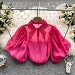 Women's Blouses Spring Summer 2023 Korean Retro Lapel Women Short Sleeve Ins Chiffon Sweet Shirt Solid Color Elegant Tops Mujer Blouse E309