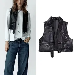 Women's Tanks Women Faux Leather Biker Vest Handsome Casual Sleeveless Cropped For 2023 Neutral Open Front Zipper Tops