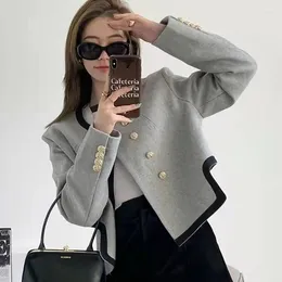 Women's Suits Biyaby Grey Irregular Suit Jacket Women Korean Office Lady Cropped Outerwear Top 2023 Autumn Winter Buttons Woollen Blazers