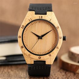 Wristwatches Men Bamboo Natural Wood Watch Handmade Engraved Numbers Scale Quartz-watch Genuine Leather Bangle Male Gifts Online