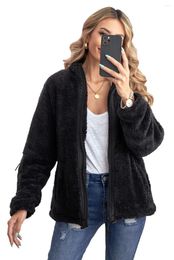 Women's Trench Coats Black Zip Up Sherpa Coat With Pocket Women Stand Neck Long Sleeve Zipper Front S-2XL Loose JacketsCoats