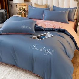 Bedding sets WOSTAR Nordic style bedding four-piece set duvet cover bed sheet pillowcase solid embroidery 4-piece luxury bedclothes king size 231116