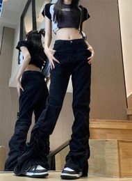 Женские джинсы Женщины элегантные длинные со сложенными рюшами джинсовыми брюками с высокой талией брюки Y2K Harajuku Vintage Streetwear Fashion Summer Jean