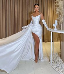 Elegant Mermaid Wedding Dress With Detachable Train 2024 Side Slit Strapless Satin Pleats Church Civil Brida Gowns Customised Vestido De Noiva Robe De Mariage