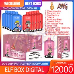 Original ELF BOX Digital 12000 Puff Disposable Vape Pen 0.8ohm Mesh Coil 23ml Pre-filled Pod 500mah Rechargeable Battery E Cigarette Puffs 12K 0% 2% 3% 5% 12 Flavours