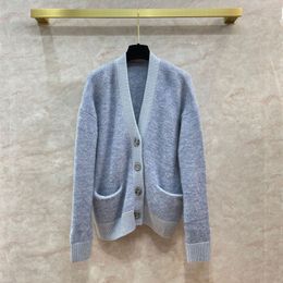 2023 Autumn Blue Solid Colour Mohair Knitted Cardigan Sweater Long Sleeve V-Neck Double Pockets Single-Breasted Loose Sweaters Coats Q3N141531