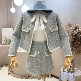 Small Fragrance Tweed Two Piece Set Women Crop Top Short Jacket Coat & Irregular Skirt Suits Autumn Winter Vintage 2 Piece Sets