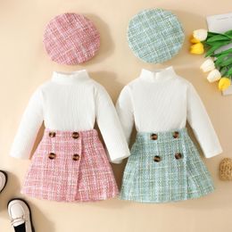 Rompers ma baby 6M 3Y Toddler Infant born Baby Girls Clothes Sets Knit Long Sleeve Tops Plaid Skrits Hat Fall Spring Outfits D05 231117