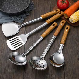 Stainless steel spatula kitchenware set, household kitchen supplies, wood grain spatula, leaking spoon, cooking five piece set