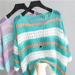 Womens Sweaters Women Half Sleeve Colourful Hollow Out Blouses Striped Ice Silk Knit Shirt Loose Retro Style Pullover Lightweight Tank Tops 231116