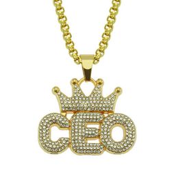 Hip Hop Rhinestones Paved Bling Iced Out Crown CEO Pendants Necklace for Men Rapper Jewellery Drop 266P