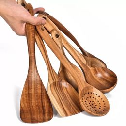 Teak Wood Tableware Spoon Colander Long Handle Wooden Non-Stick Special Cooking Spatula Kitchen Tool Utensils Kitchenware Gift DBC G0418