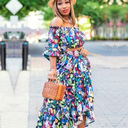 Ethnic Clothing 2 Piece Set Floral Print African Dresses For Women Dashiki Tube Top Tops And Skirt Suits Lady Elegant Streetwear Outfits