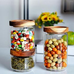 Storage Bottles Glass Airtight Bottle With Wood Lid Tea Coffee Beans Grains Food Jar Container