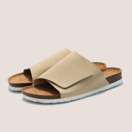 Slippers COSMAGIC 2023 Summer Men Beach Cork Hook Loop Solid Colour Non-slip Outside PU Leather Slide Shoe