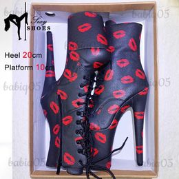 Boots Ankle Boots For Women 20cm/8Inch Platform Pole Dance Heels Sexy Lipstick Print Round Toe Short Boots Thin Heels Stripper Shoes T231117