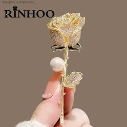 Pins Brooches Rinhoo Full Rhinestone Rose Flower Brooch For Women Elegant Luxury Imitaion Pearl Floral Lel Pins Wedding Corsage Jewellery GiftL231117