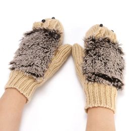 Women's Winter Soft Gloves Without Fingers Knitting Wool Warm Mittens Fingerless Cartoon Hedgehog Gloves Birthday Present