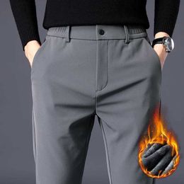 Men's Pants Autumn Winter Pants Men Thicken Fleece Lined Warm Elastic Waist Outdoor Sweatpants Fashion Slim Grey Suit Trousers Male J231116