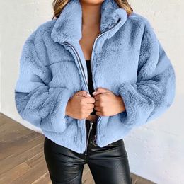 Women's Fur Faux Fur Winter Warm Jacket Women Long Sleeve Zipper Coat Solid Stand Up Collar Outerwear Plush Female Clothes Autumn S- 5XL 231117